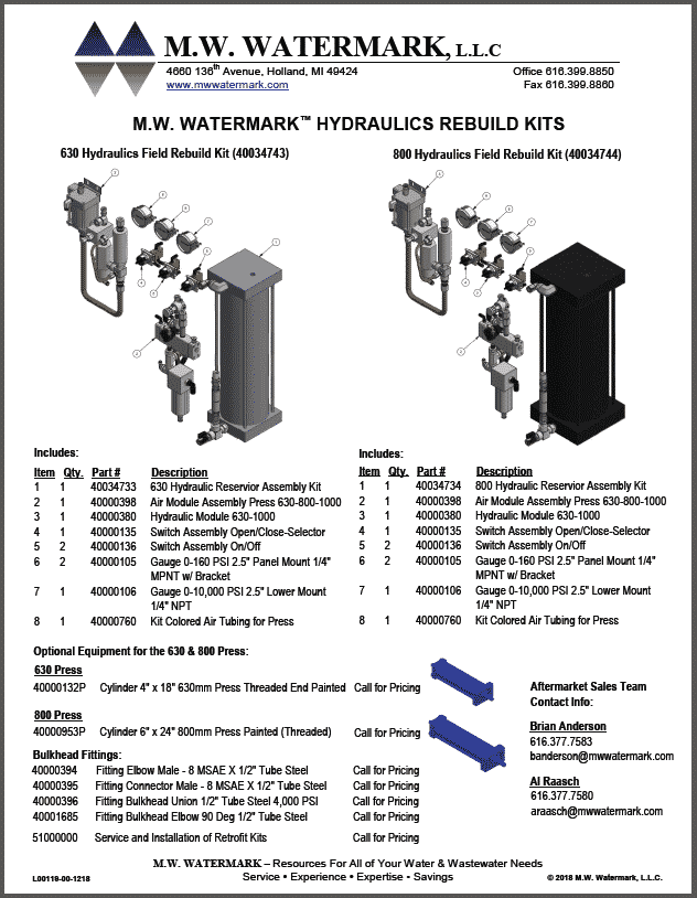 M.W. Watermark Hydraulics Rebuild Kits Brochure - Thumbnail Image